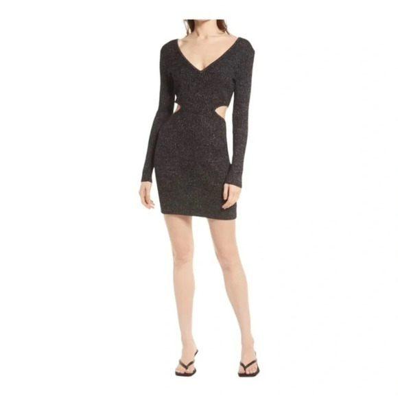 Open Edit Sparkle Cutout Sweater Minidress In Black- Silver NWT - Picture 1 of 6